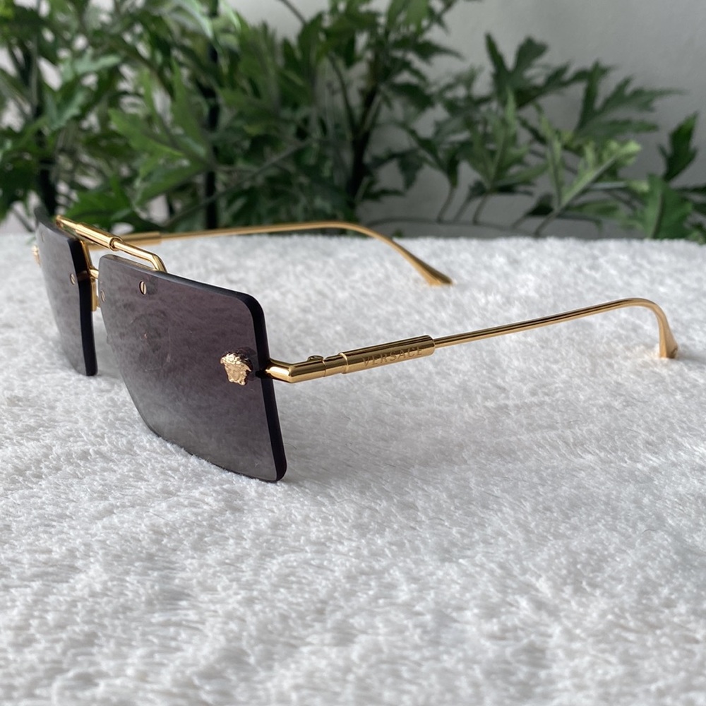 Versace Rectangular Rimless Sunglasses (Gold/Gray) - image 3